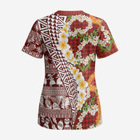 Hawaiian Plumeria Lei Scrub Top Kakau Motifs and Palaka Half Style Red Color LT03 - Polynesian Pride