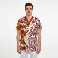 Hawaiian Plumeria Lei Scrub Top Kakau Motifs and Palaka Half Style Red Color LT03 - Polynesian Pride