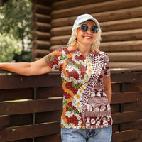Hawaiian Plumeria Lei Women Polo Shirt Kakau Motifs and Palaka Half Style Red Color LT03 - Polynesian Pride