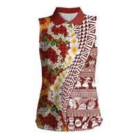 Hawaiian Plumeria Lei Women Sleeveless Polo Shirt Kakau Motifs and Palaka Half Style Red Color - Polynesian Pride