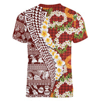 Hawaiian Plumeria Lei Women V-Neck T-Shirt Kakau Motifs and Palaka Half Style Red Color - Polynesian Pride