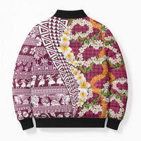 Hawaiian Plumeria Lei Bomber Puffer Jacket Kakau Motifs and Palaka Half Style Pink Color LT03 - Polynesian Pride