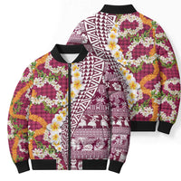 Hawaiian Plumeria Lei Bomber Puffer Jacket Kakau Motifs and Palaka Half Style Pink Color LT03 - Polynesian Pride