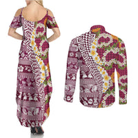 Hawaiian Plumeria Lei Couples Matching Summer Maxi Dress and Long Sleeve Button Shirt Kakau Motifs and Palaka Half Style Pink Color - Polynesian Pride