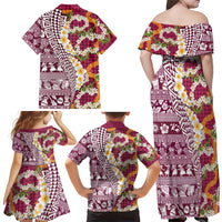 Hawaiian Plumeria Lei Family Matching Off Shoulder Maxi Dress and Hawaiian Shirt Kakau Motifs and Palaka Half Style Pink Color - Polynesian Pride