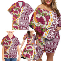 Hawaiian Plumeria Lei Family Matching Off Shoulder Short Dress and Hawaiian Shirt Kakau Motifs and Palaka Half Style Pink Color - Polynesian Pride