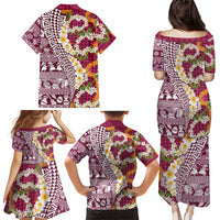 Hawaiian Plumeria Lei Family Matching Puletasi and Hawaiian Shirt Kakau Motifs and Palaka Half Style Pink Color - Polynesian Pride