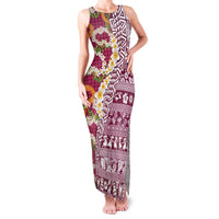Hawaiian Plumeria Lei Family Matching Tank Maxi Dress and Hawaiian Shirt Kakau Motifs and Palaka Half Style Pink Color - Polynesian Pride