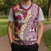 Hawaiian Plumeria Lei Christmas Knitted V-Neck Vest Kakau Motifs and Palaka Half Style Pink Color - Polynesian Pride