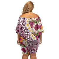 Hawaiian Plumeria Lei Off Shoulder Short Dress Kakau Motifs and Palaka Half Style Pink Color LT03 - Polynesian Pride