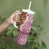 Hawaiian Plumeria Lei Tumbler With Handle Kakau Motifs and Palaka Half Style Pink Color LT03 - Polynesian Pride