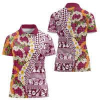 Hawaiian Plumeria Lei Women Polo Shirt Kakau Motifs and Palaka Half Style Pink Color - Polynesian Pride