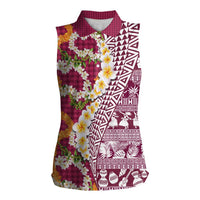 Hawaiian Plumeria Lei Women Sleeveless Polo Shirt Kakau Motifs and Palaka Half Style Pink Color - Polynesian Pride