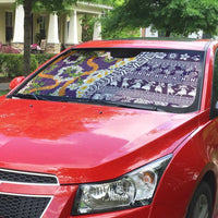 Hawaiian Plumeria Lei Auto Sun Shade Kakau Motifs and Palaka Half Style Purple Color - Polynesian Pride