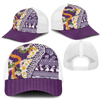 Hawaiian Plumeria Lei Baseball Net Cap Kakau Motifs and Palaka Half Style Purple Color - Polynesian Pride