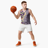Hawaiian Plumeria Lei Basketball Jersey Kakau Motifs and Palaka Half Style Purple Color - Polynesian Pride