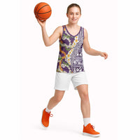 Hawaiian Plumeria Lei Basketball Jersey Kakau Motifs and Palaka Half Style Purple Color - Polynesian Pride
