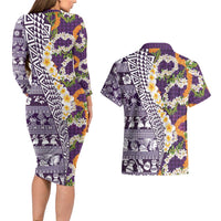 Hawaiian Plumeria Lei Couples Matching Long Sleeve Bodycon Dress and Hawaiian Shirt Kakau Motifs and Palaka Half Style Purple Color - Polynesian Pride