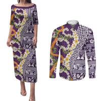 Hawaiian Plumeria Lei Couples Matching Puletasi and Long Sleeve Button Shirt Kakau Motifs and Palaka Half Style Purple Color - Polynesian Pride