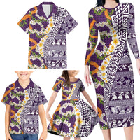 Hawaiian Plumeria Lei Family Matching Long Sleeve Bodycon Dress and Hawaiian Shirt Kakau Motifs and Palaka Half Style Purple Color LT03 - Polynesian Pride