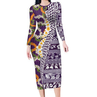 Hawaiian Plumeria Lei Family Matching Long Sleeve Bodycon Dress and Hawaiian Shirt Kakau Motifs and Palaka Half Style Purple Color LT03 Mom's Dress Purple - Polynesian Pride