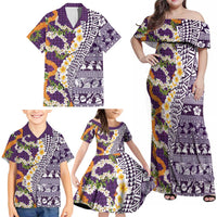 Hawaiian Plumeria Lei Family Matching Off Shoulder Maxi Dress and Hawaiian Shirt Kakau Motifs and Palaka Half Style Purple Color - Polynesian Pride