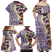 Hawaiian Plumeria Lei Family Matching Off Shoulder Maxi Dress and Hawaiian Shirt Kakau Motifs and Palaka Half Style Purple Color - Polynesian Pride
