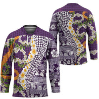 Hawaiian Plumeria Lei Hockey Jersey Kakau Motifs and Palaka Half Style Purple Color - Polynesian Pride