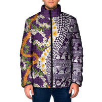 Hawaiian Plumeria Lei Padded Jacket Kakau Motifs and Palaka Half Style Purple Color LT03 Men Purple - Polynesian Pride