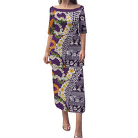 Hawaiian Plumeria Lei Puletasi Kakau Motifs and Palaka Half Style Purple Color LT03 Long Dress Purple - Polynesian Pride