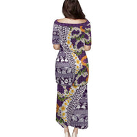 Hawaiian Plumeria Lei Puletasi Kakau Motifs and Palaka Half Style Purple Color LT03 - Polynesian Pride