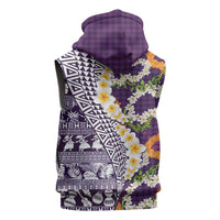 Hawaiian Plumeria Lei Sleeveless Hoodie Kakau Motifs and Palaka Half Style Purple Color - Polynesian Pride
