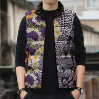 Hawaiian Plumeria Lei Sleeveless Puffer Jacket Kakau Motifs and Palaka Half Style Purple Color LT03 - Polynesian Pride