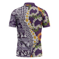 Hawaiian Plumeria Lei Zipper Polo Shirt Kakau Motifs and Palaka Half Style Purple Color - Polynesian Pride