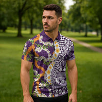 Hawaiian Plumeria Lei Zipper Polo Shirt Kakau Motifs and Palaka Half Style Purple Color - Polynesian Pride