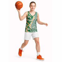 Hawaiian Plumeria Lei Basketball Jersey Kakau Motifs and Palaka Half Style Green Color - Polynesian Pride