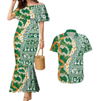 Hawaiian Plumeria Lei Couples Matching Mermaid Dress and Hawaiian Shirt Kakau Motifs and Palaka Half Style Green Color LT03 Green - Polynesian Pride