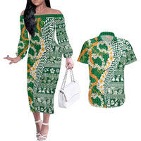 Hawaiian Plumeria Lei Couples Matching Off The Shoulder Long Sleeve Dress and Hawaiian Shirt Kakau Motifs and Palaka Half Style Green Color - Polynesian Pride