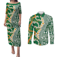 Hawaiian Plumeria Lei Couples Matching Puletasi and Long Sleeve Button Shirt Kakau Motifs and Palaka Half Style Green Color - Polynesian Pride