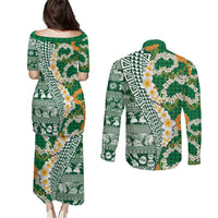Hawaiian Plumeria Lei Couples Matching Puletasi and Long Sleeve Button Shirt Kakau Motifs and Palaka Half Style Green Color - Polynesian Pride