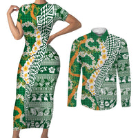 Hawaiian Plumeria Lei Couples Matching Short Sleeve Bodycon Dress and Long Sleeve Button Shirt Kakau Motifs and Palaka Half Style Green Color - Polynesian Pride