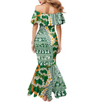 Hawaiian Plumeria Lei Family Matching Mermaid Dress and Hawaiian Shirt Kakau Motifs and Palaka Half Style Green Color LT03 - Polynesian Pride
