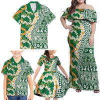 Hawaiian Plumeria Lei Family Matching Off Shoulder Maxi Dress and Hawaiian Shirt Kakau Motifs and Palaka Half Style Green Color - Polynesian Pride