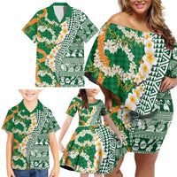 Hawaiian Plumeria Lei Family Matching Off Shoulder Short Dress and Hawaiian Shirt Kakau Motifs and Palaka Half Style Green Color - Polynesian Pride
