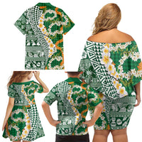 Hawaiian Plumeria Lei Family Matching Off Shoulder Short Dress and Hawaiian Shirt Kakau Motifs and Palaka Half Style Green Color - Polynesian Pride