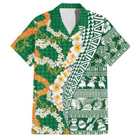Hawaiian Plumeria Lei Family Matching Short Sleeve Bodycon Dress and Hawaiian Shirt Kakau Motifs and Palaka Half Style Green Color LT03 Dad's Shirt - Short Sleeve Green - Polynesian Pride