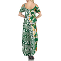 Hawaiian Plumeria Lei Family Matching Summer Maxi Dress and Hawaiian Shirt Kakau Motifs and Palaka Half Style Green Color LT03 - Polynesian Pride
