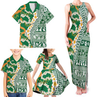Hawaiian Plumeria Lei Family Matching Tank Maxi Dress and Hawaiian Shirt Kakau Motifs and Palaka Half Style Green Color - Polynesian Pride