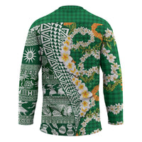 Hawaiian Plumeria Lei Hockey Jersey Kakau Motifs and Palaka Half Style Green Color - Polynesian Pride