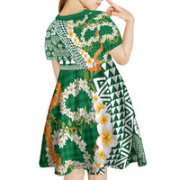 Hawaiian Plumeria Lei Kid Short Sleeve Dress Kakau Motifs and Palaka Half Style Green Color - Polynesian Pride